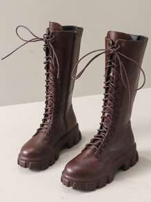 Women's Red Thigh High Boots, Wedge Heel, Thick Sole, Lace-Up, Leather Upper, Side Zipper, Tall Motorcycling Boots