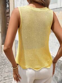 女士法式时尚休闲可爱闪亮纹理不对称下摆圆领无袖针织吊带背心，适合度假穿着，夏季必备 - 黃色 - 查看 3