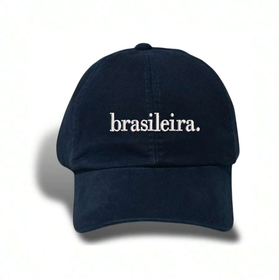 Unisex Dad Hat In 100% Cotton Twill, Personalized Brazilian Curved Brim. - 海軍藍繡花白 - 查看 1