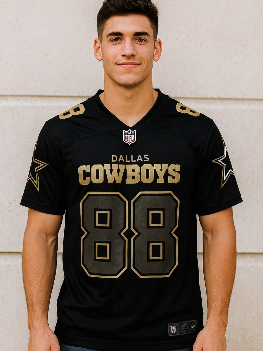 Jersey Hombre Estampado Frente Espalda Deportivo Vaqueros Futbol Americano Camiseta Poliester Cuello V Manga Corta Secado Rapido - Negro - Ver 1