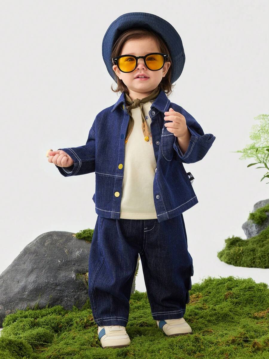 mini bala 男童Dino柔软牛仔套装2025春季两件套 - 牛仔深藍 - 查看 1