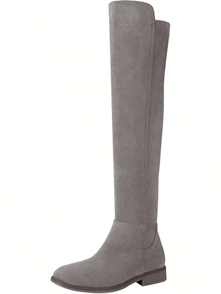 Thigh High Over The Knee Boots For Women Flat Low Heel Fall Winter Stretch Suede Long Round Toe Boots-2025 - Xám - Xem 1