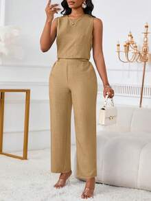 2pcs/Set Women's Fashionable Casual Elegant Sleeveless Top And Detailed Pockets & Button Long Pants - Dark Khaki - View 5
