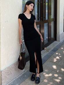 Livesso Vestido de tubo de unicolor con cuello en V y longitud hasta la rodilla para mujer, vestido de verano - Negro - Ver 3