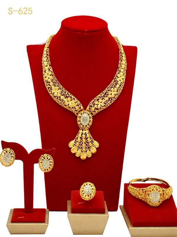 Set de joyería de 4 piezas con baño de oro de 24K con diseño floral tallado, incluye collar, aretes, brazalete y anillo, adecuado para novias de Oriente Medio, Europa y África, ideal para bodas, aniversarios, fiestas, uso diario, Día de la Madre, cumpleaños y regalos festivos