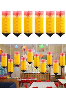 6件蜂窝苹果铅笔中心装饰，适用于返校、派对和教室天花板装饰。无需电力，轻巧无羽毛