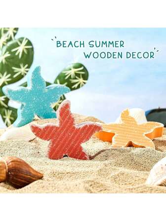 3PCS Mini Wooden Starfish Decors, Watercolor Painting, Nursery/Children's Room Ocean Theme Desktop Organizer, Suitable As Baby Shower Favors