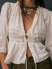 Women 2 Piece Boho Pants Set Short Sleeve Lace Patchwork Ruffle Hem Tops Shirts Drawstring Elastic Waist Long Pants Casual Outfits Beach Vacation Clothes - 白色 - 查看 4