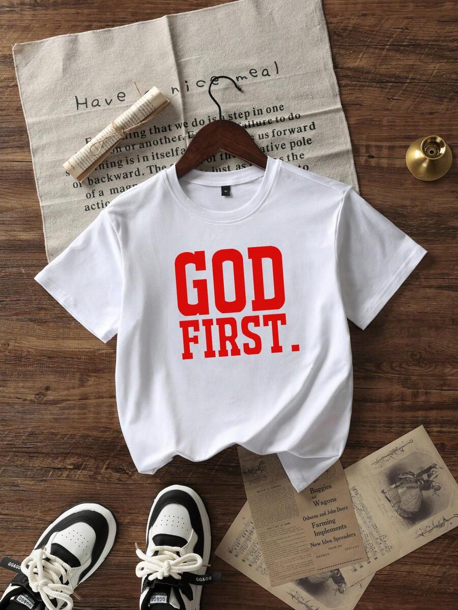 Tween Boy Casual Printed White Round Neck Pullover Short Sleeve T-Shirt For Summer - White - View 1