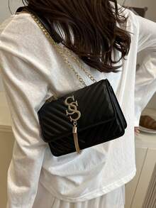 Women's Fashion Solid Color PU Leather Quilted Shoulder Bag, Multifunctional Flap Chain  For Party/Evening, - Black - View 5