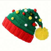 Novelty Green Colorful Pom Pom Party Hat, Warm Knitted Hat With Fuzzy Pom Pom, Unisex Winter Hat, Christmas Party Holiday Novelty Geometric Pattern Acrylic Knit Hat, Hand Wash, Stretchy Fit, Lightweight, Buckle Closure - Holiday Theme Knit Headwear Home Decor Christmas Decorations Room Decor Christmas Decorations Home Christmas Gifts Christmas Decor - Green - View 8