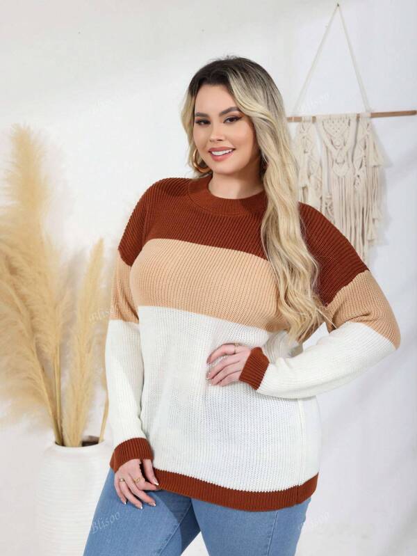 2025 Bestseller Farbblock Pullover, Lässiger Strick Rundhals Pullover mit Langarm, Damen Große Größen