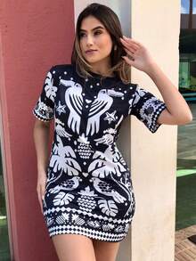 Women's Casual Printed Short Shirt Dress Blouse Dress Women's Dresses Women's Tshirt Dress Women's T-Shirt Dress - 黑與白 - 查看 1