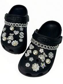 24pcs/Set Shiny Hole Shoe Charms - Teddy Bear, Pearl, Dollar Sign & Crystal Decorations, Fashionable Shoe Charm Accessories - Silver - View 2