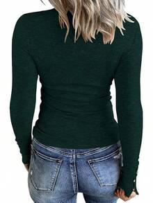 Women's Long Sleeve Henley T Shirts Button Down Slim Fit Tops Scoop Neck Ribbed Knit Shirts/Vacation Outfits Women/Valentine Outfits For Women - 墨綠色 - 查看 2
