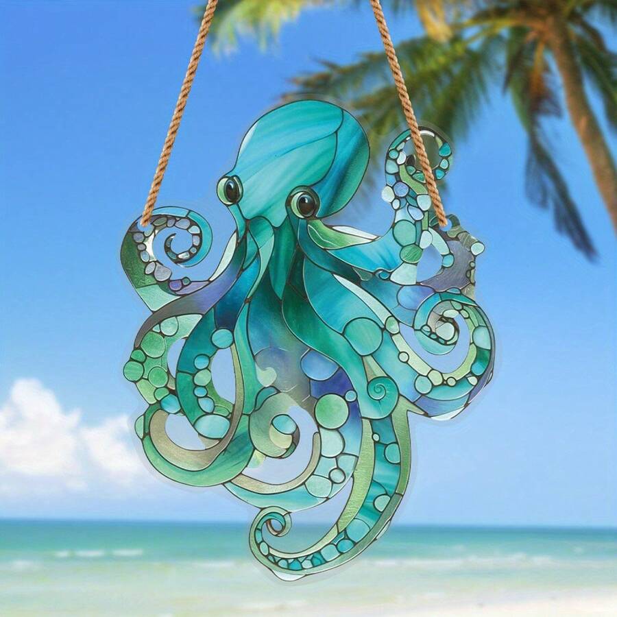 1 件鲜艳的蓝色章鱼亚克力捕光器 - 彩色玻璃风格窗户装饰，配有悬挂绳，是海洋爱好者的理想选择，可提升家居和花园的格调，是感恩节和圣诞节礼物的完美之选