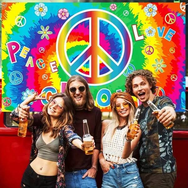 Hippie Amour et Paix Toile de fond Tapisserie murale Décoration de fête Drapeau Décoration Thème de fête mexicaine de carnaval Banderole Tie-Dye Coloré Arc-en-ciel Fournitures de fête d'anniversaire Décorations de fête de vacances