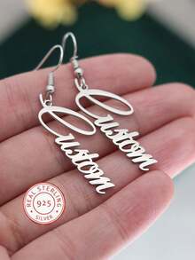 Unique Customizable Handwriting Style Jewelry, 925 Sterling Silver Personalized Name Earrings, Elegant And Fashionable Gifts, Suitable For Women, Everyday Occasions And Gift-Giving Occasions, All Seasons - Silver - View 2
