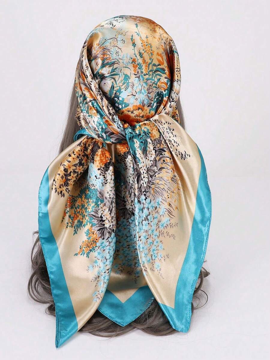 1 件简约印花方形围巾，新款春季时尚女士头巾，可用作腰带、包包装饰、丝带、头带或头巾头巾、发带、头带，非常适合装扮您的外观 - 湖藍色 - 查看 1