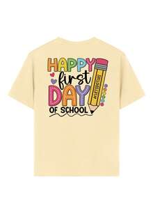 返校季女童休闲印花圆领短袖T恤，夏季学生制服——欢乐校园时光，彩色铅笔印花，时尚活力设计，激发想象力和自我表达