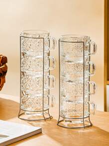 4pcs Stackable Mug Set - Easy Clean Glass Material With Metal Stand, Ideal For Hot Cocoa And Holiday Gatherings, Dishwasher Friendly, Comfortable For Apple Cider, Coffee Or Tea