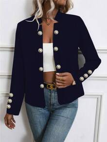 Women's Solid Color Button-Up Long Sleeve Lightweight Jacket, Spring/Autumn - Navy Blue - View 2