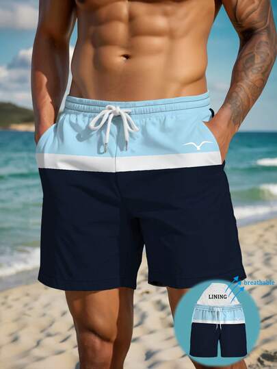 男士夏季印花图案抽绳腰斜插口袋夏威夷风速干双层网眼内衬短裤，海鸥撞色3D艺术印花，时尚休闲沙滩度假泳裤