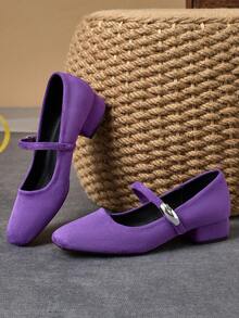 Women's Purple Mary Jane Shoes With 3cm Cloth Covered Chunky Heels, Fashion Versatile For All Seasons - Purple - View 5