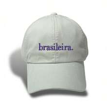 Unisex Dad Hat In 100% Cotton Twill, Brazilian Custom Curved Brim. - Light Beige Embroidered Navy Blue - View 1