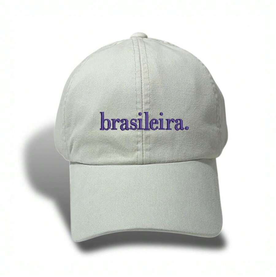 Unisex Dad Hat In 100% Cotton Twill, Brazilian Custom Curved Brim. - Light Beige Embroidered Navy Blue - View 1