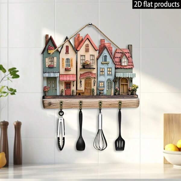 Plan 2D, 1 pieza de pueblo soñado de madera multifuncional con cuatro ganchos de metal - Decoración de entrada, decoración de habitación, decoración de villa, decoración del hogar para las cuatro estaciones, Plan 2D