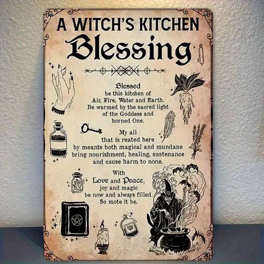 Vintage "A Witch's Kitchen Blessing" Metal Wall Plaque - 8x12 Inch Iron Decor, Rustic Style For Home, Living Room, Garden - Durable, High-Quality Iron With Witchcraft Symbols And Spells - Ideal Holiday Gift, Witchy Home Decor - 1 cái - Xem 1