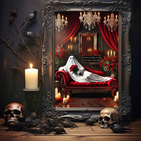 1 Piece,The Ghost Lay On The Sofa Of The Magnificent Palace,Halloween Modern Frameless Art Decoration Painting, Printed Posters Mural, Waterproof Canvas,Suitable For Home, Office, Bedroom, Living Room, Study, Bathroom, Bar, Wall Arts And Home Decoration, Is An Ideal Holiday Gift Halloween Decor Fall Decor Room Decor