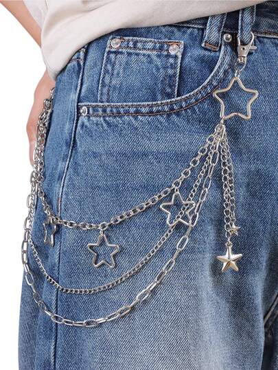 1 件男士三重金属链带星星吊坠空心吊带夹适用于工装裤秋冬配饰万圣节服装，适合青少年、青年、男士、休闲、户外、运动、度假、毕业礼物、生日、日常穿着