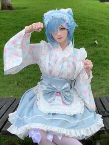 1pc Cute Fresh Strawberry Cat Print Lolita Maid Dress Cosplay Costume Set (No Headpiece), Light Blue, Suitable For Anime Convention, Music Festival, Autumn - Multicolor - View 6