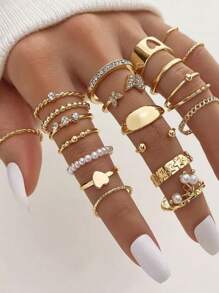21 pièces/set Bague réglable multi-articulation avec pendentif Papillon et Cœur en fausses perles