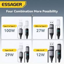 ESSAGER 4 In 1 Fast Charging Cable USB Type C To Type C 480Mbps For Phone Digital Display Aluminum Alloy Braided Cable Compatible With IPhone, Android, Camera, MP3 Universal Adapter Charger