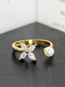 MOONSO 1 anel elegante de zircônia e pérola ajustável, estilo aberto, para mulheres, versátil para festas e reuniões