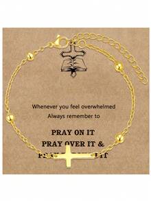 1 件女士十字架仿珍珠青瓷串珠手链套装，时尚西部牛仔风格十字架串珠手链叠戴套装，时尚珠宝礼品，信仰礼品，基督教礼品，友谊礼品