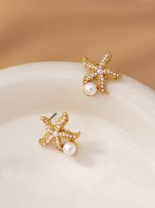 1 paire de boucles d'oreilles à tige perle et étoile de mer thème océanique, polyvalente pour femmes