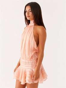Women's Pleated Waist Sheer Mesh Ruffle Mini Dress Summer Casual Halter Neck High Neck Bodycon Short Dress Self-Tie Backless Sundress Party Clubwear - 橘色 - 查看 3
