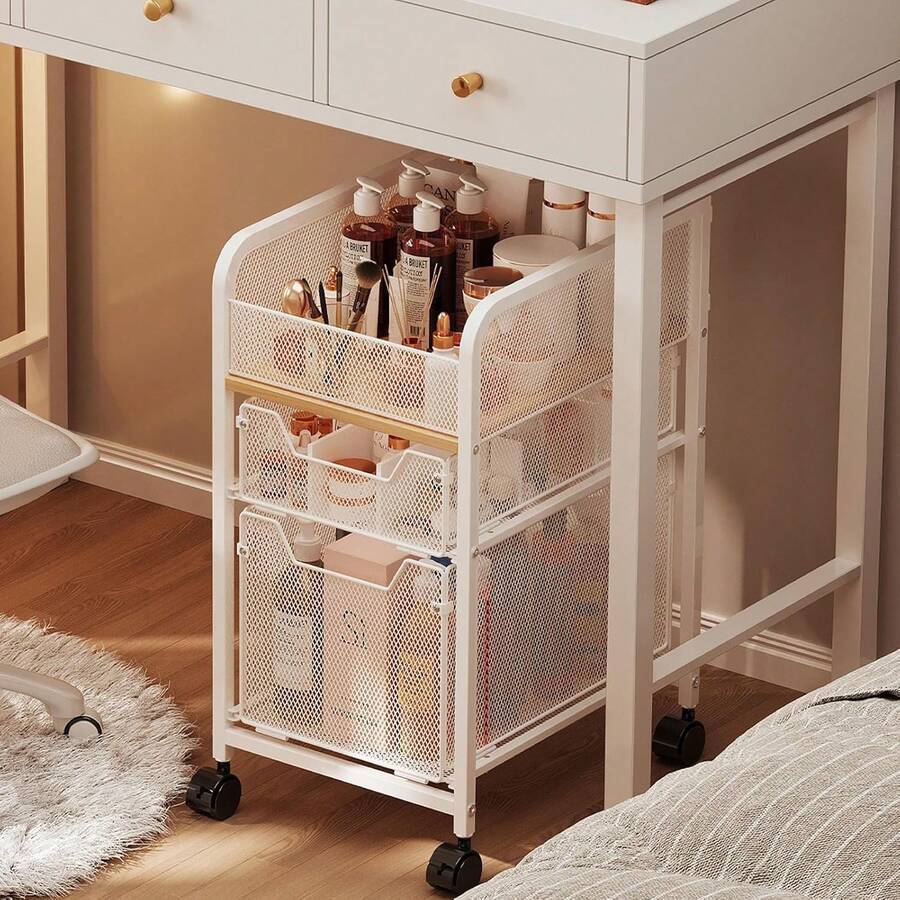 Rolling Makeup Cart Organizer With 2 Drawers, Narrow Floor Skincare Organizers, Vanity Organizer Cosmetics Display Cases Holder For Skin Care Nail Polish Perfume Makeup Brush, White - 白色 - 查看 1