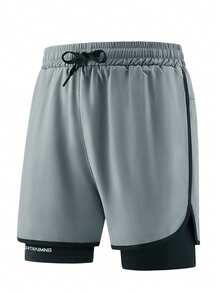 1 件男士休闲运动户外跑步短裤，内衬短裤，二合一训练健身短裤，薄丝面料运动服，适合球类运动，夏季 - 淺灰色 - 查看 7