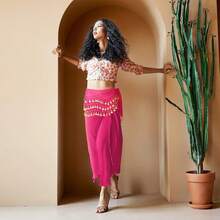 Chiffon Belly Dance Hip Scarf With 128 Coins For Yoga Class - Hot Pink - View 9