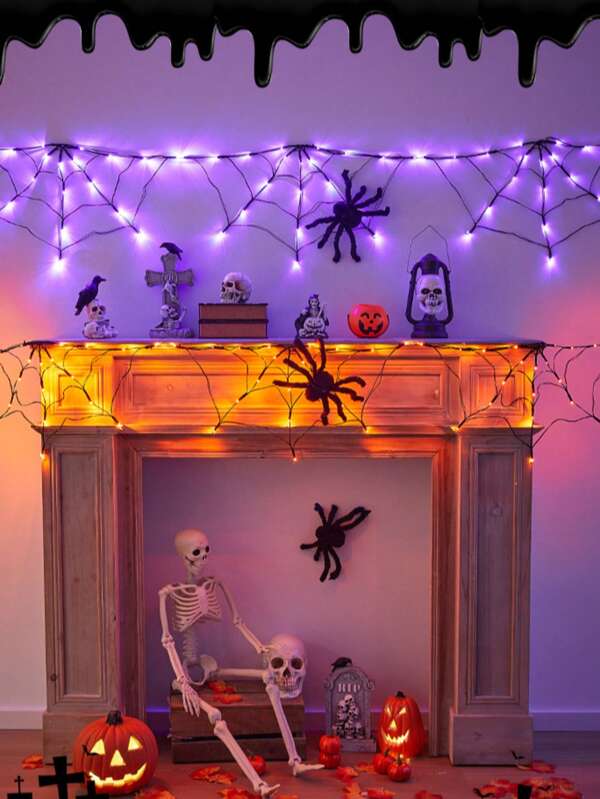 1,8 m waterdichte Halloween-spinnenwebverlichting voor buiten, nieuwe spookachtige sfeerverlichting voor binnen, decoratieverlichting voor Halloween-feesten, kostuumballocatie (spin niet inbegrepen)