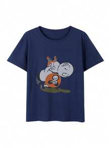 100% Cotton Ladies' T-Shirt, Short Sleeves, Crew Neck, New For Summer 2025, Cute Illustration, Simple And Stylish, Cute Animal Design On Shirt, Casual, Crew Neck - 藏蓝色 - 查看 2