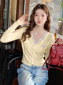Women V-Neck Lace Patchwork Cardigan, Slim Fit Long Sleeve Knit Top, Spring/Summer New Arrival - Light Yellow - View 3