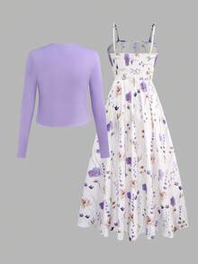 Women's Elegant Ditsy Floral Camisole Dress With Belted Waist And Flared Skirt, With Knitted Cardigan 2-Piece Set - Multicolor - View 2