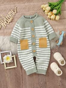New Striped Knit Long Sleeve Jumpsuit For Infants And Toddlers - Green - View 4