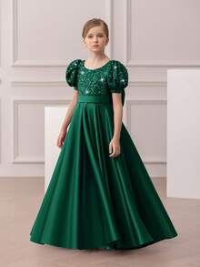 少女圣诞连衣裙优雅泡泡袖露背深 V 亮片公主裙，适合女孩生日派对、花童、婚礼、舞会、节日场合 - 墨綠色 - 查看 2